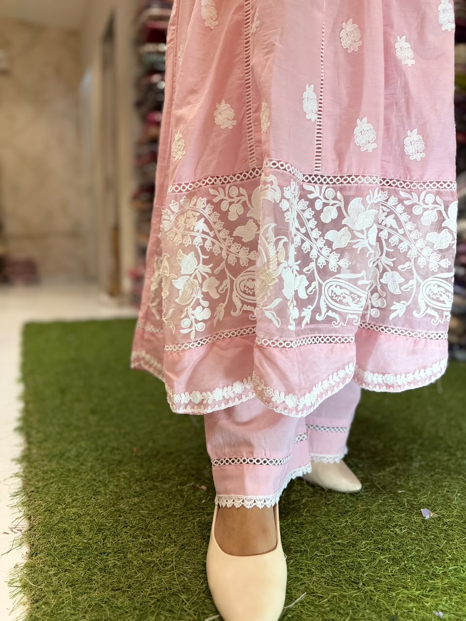 Pure Mull cotton Anarkali with lucknowi work Baby Pink color