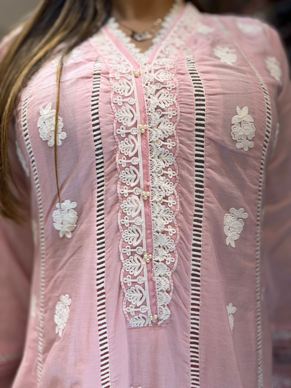 Pure Mull cotton Anarkali with lucknowi work Baby Pink color