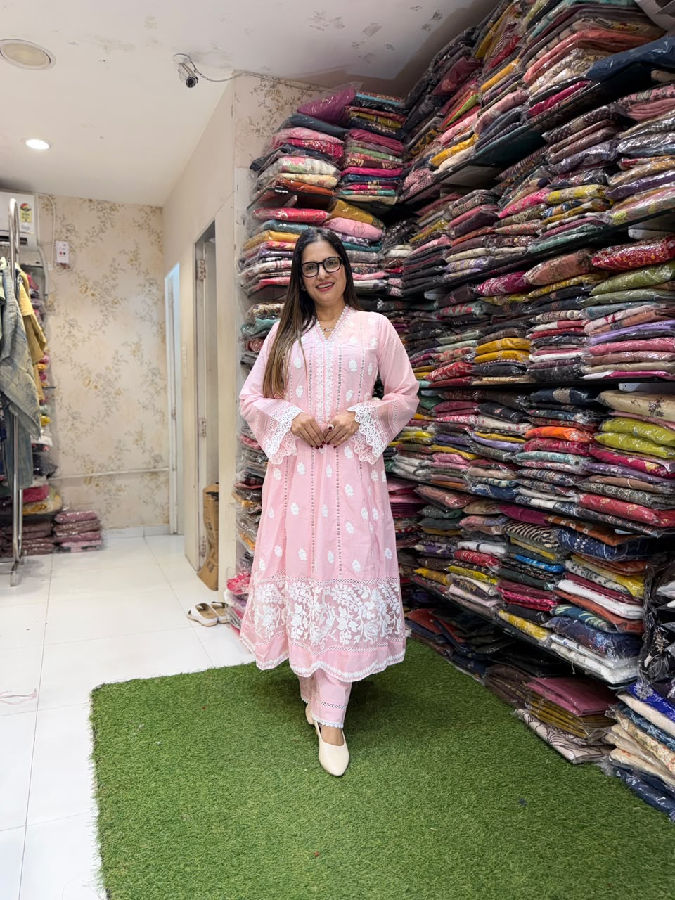 Pure Mull cotton Anarkali with lucknowi work Baby Pink color