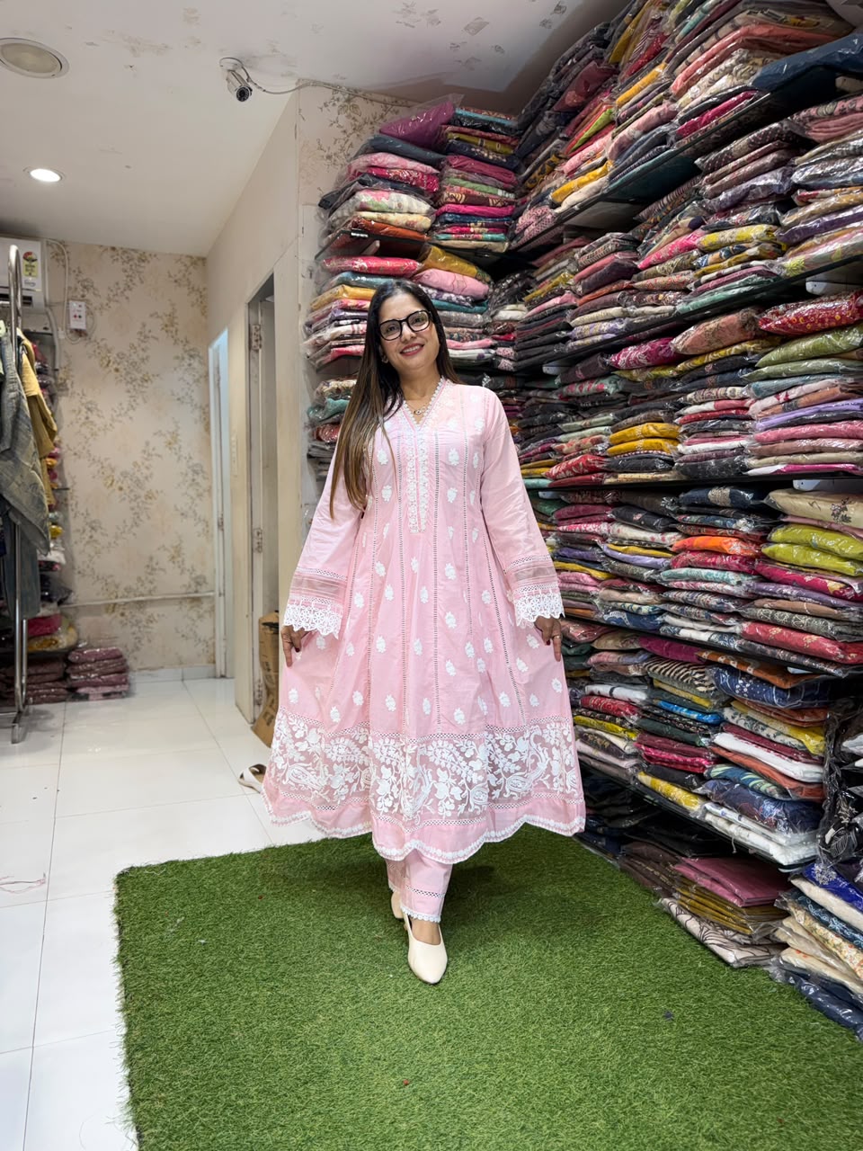 Pure Mull cotton Anarkali with lucknowi work Baby Pink color