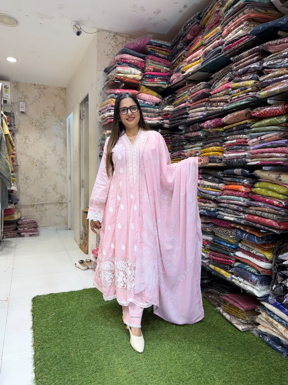 Pure Mull cotton Anarkali with lucknowi work Baby Pink color