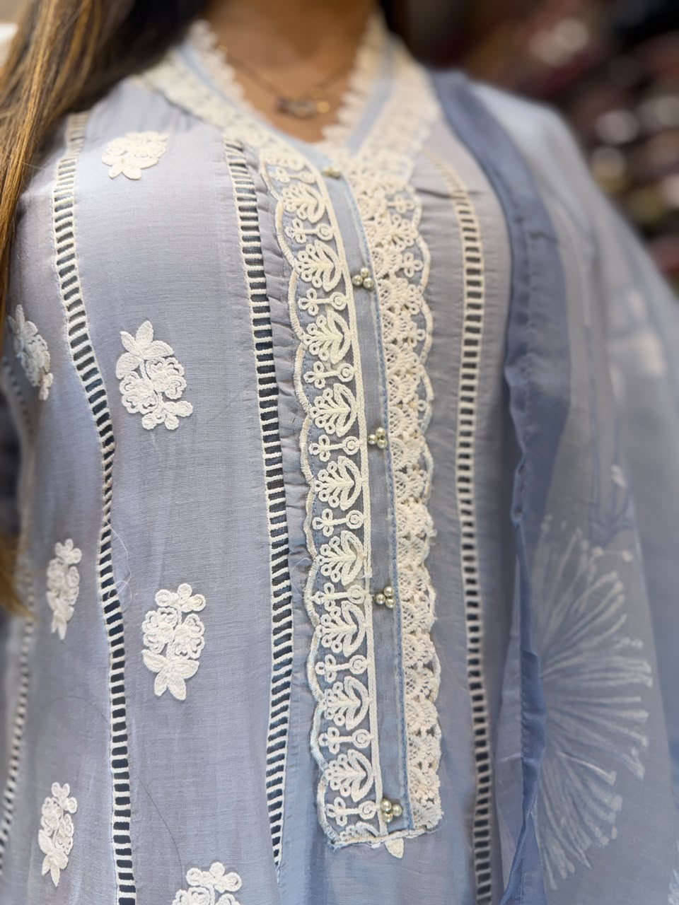 Pure Mull cotton Anarkali with lucknowi work Sky color