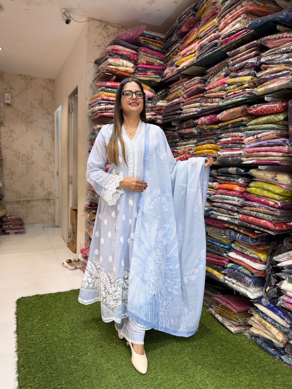 Pure Mull cotton Anarkali with lucknowi work Sky color