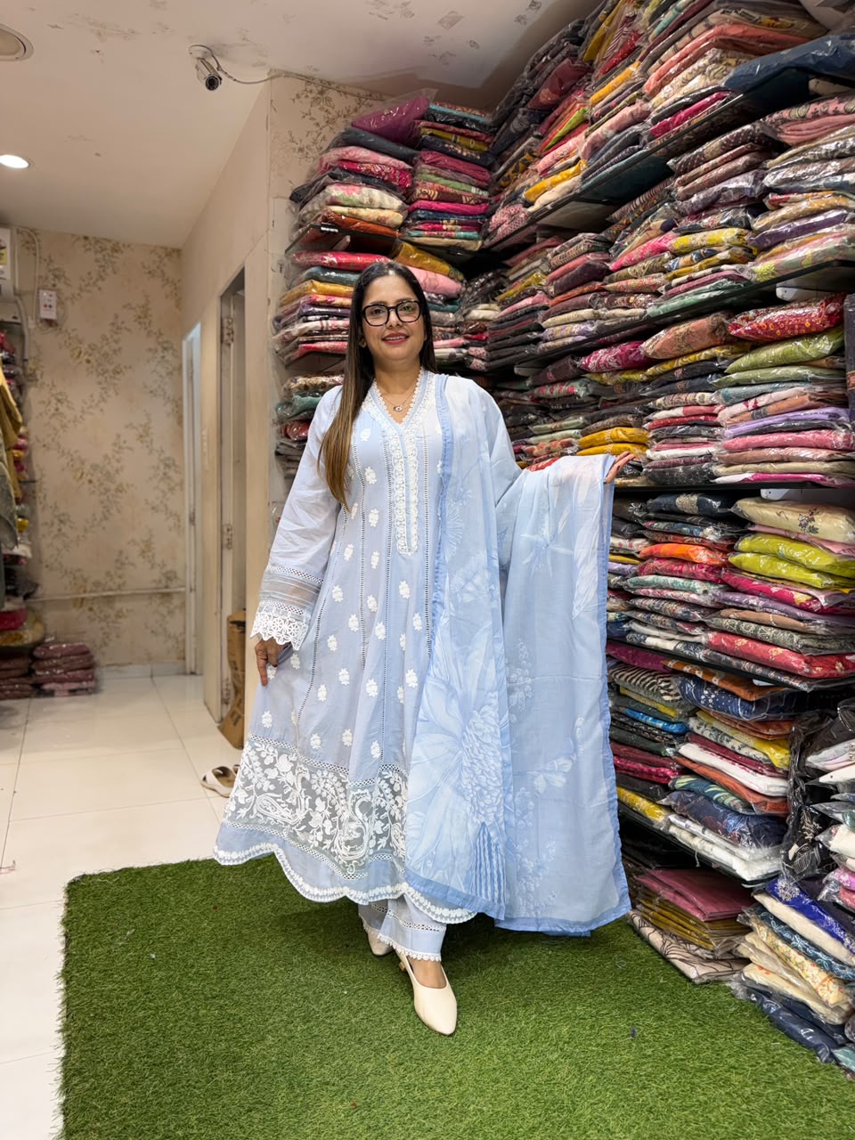 Pure Mull cotton Anarkali with lucknowi work Sky color