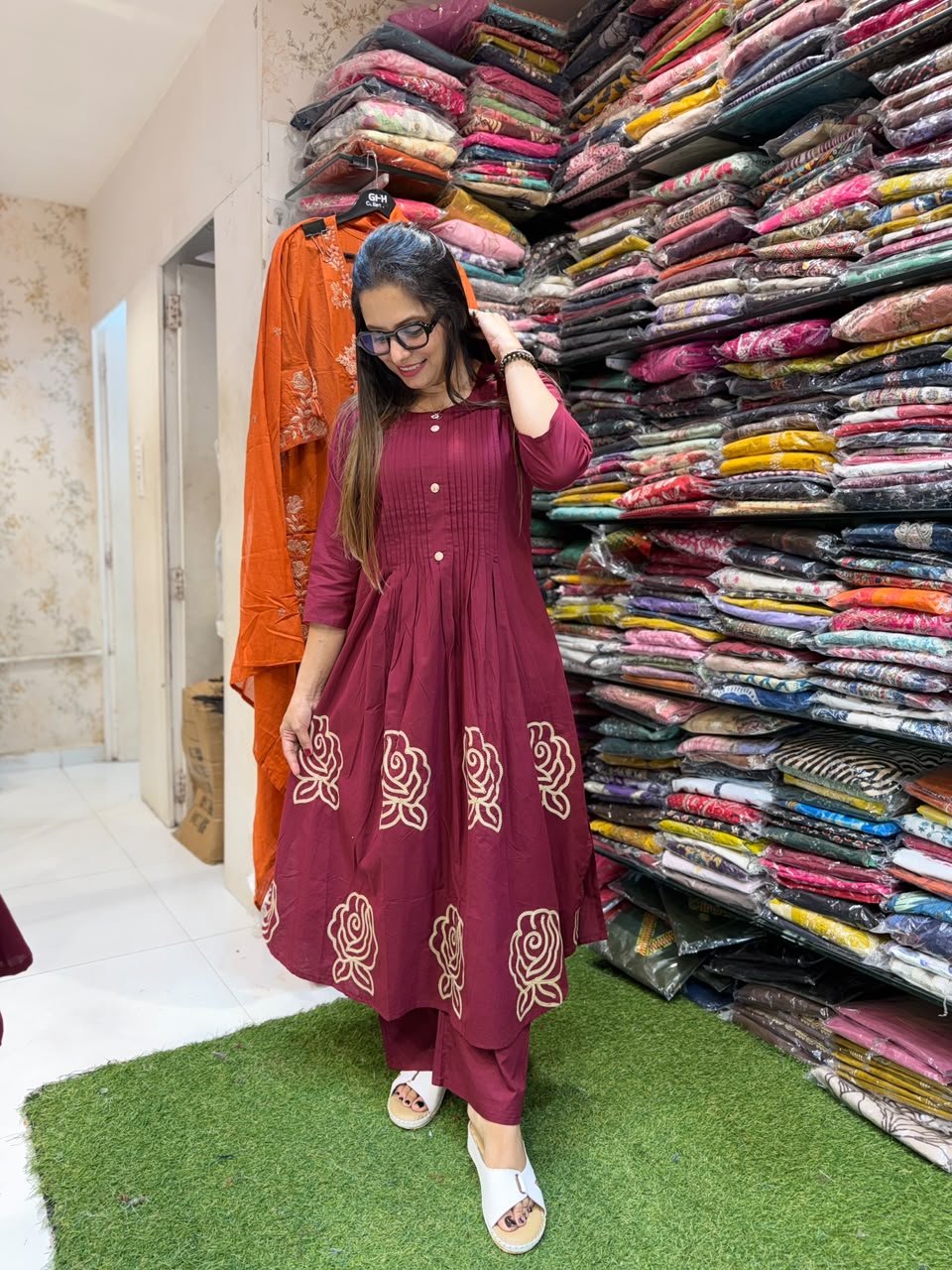 Pure Daabu Cotton A- line 2 pc WINE COLOR