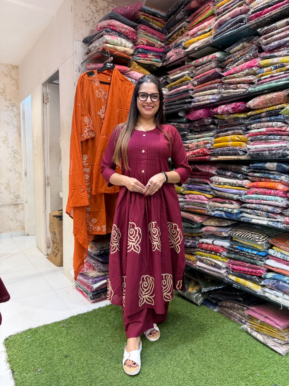 Pure Daabu Cotton A- line 2 pc WINE COLOR