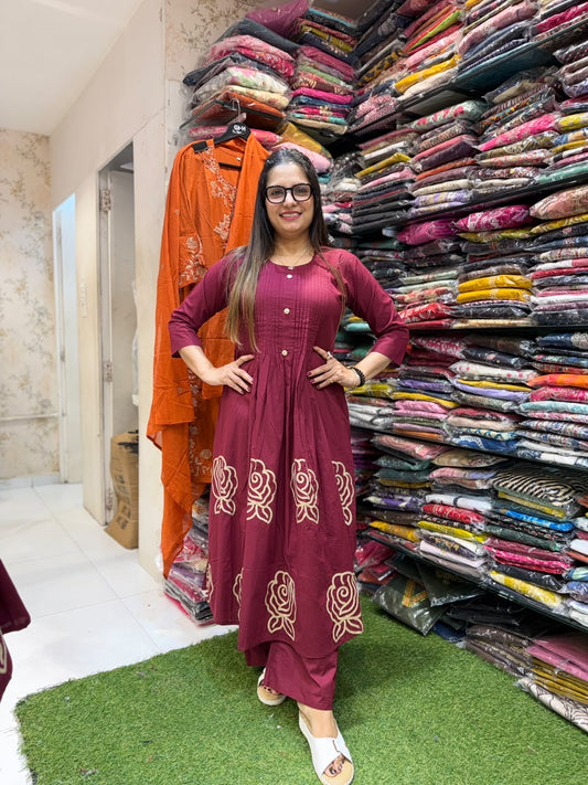 Pure Daabu Cotton A- line 2 pc WINE COLOR