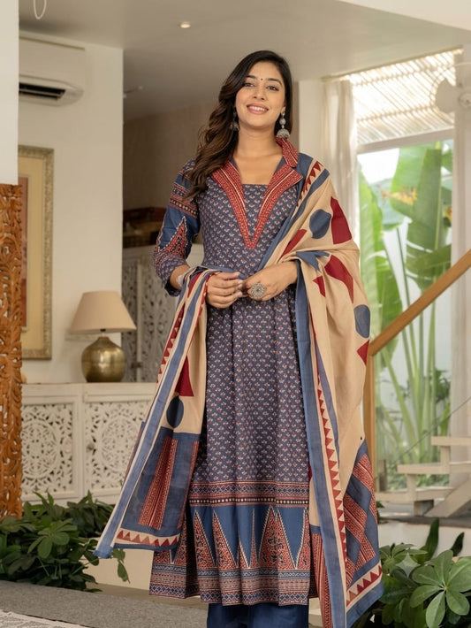 Pure Cotton Blue Anarkali 3pc Set