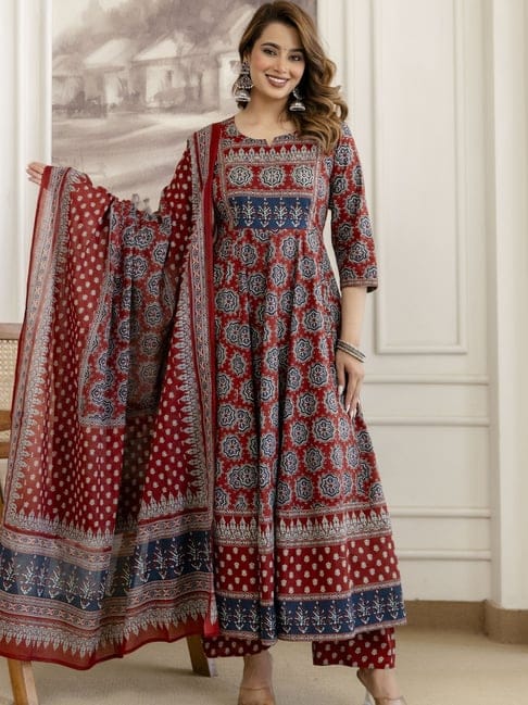 Pure Cotton Maroon Anarkali 3pc Set