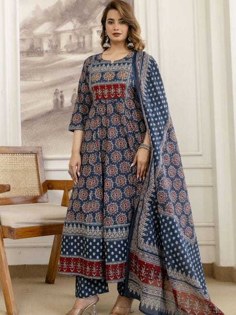 Pure Cotton Blue Anarkali 3pc Set