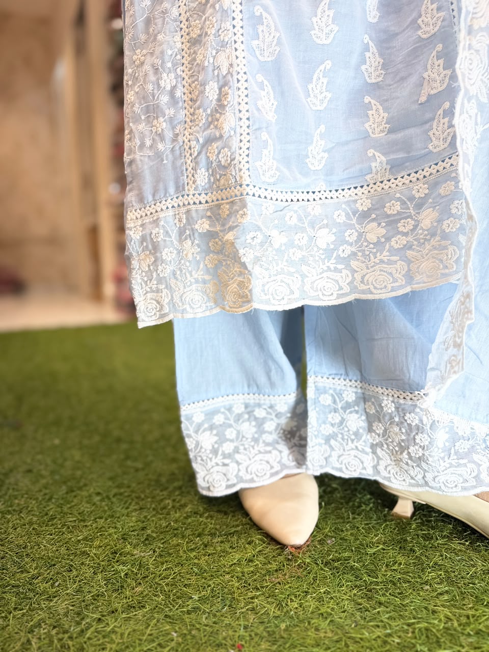 Pure Mull Cotton with lucknowi work Sky color
