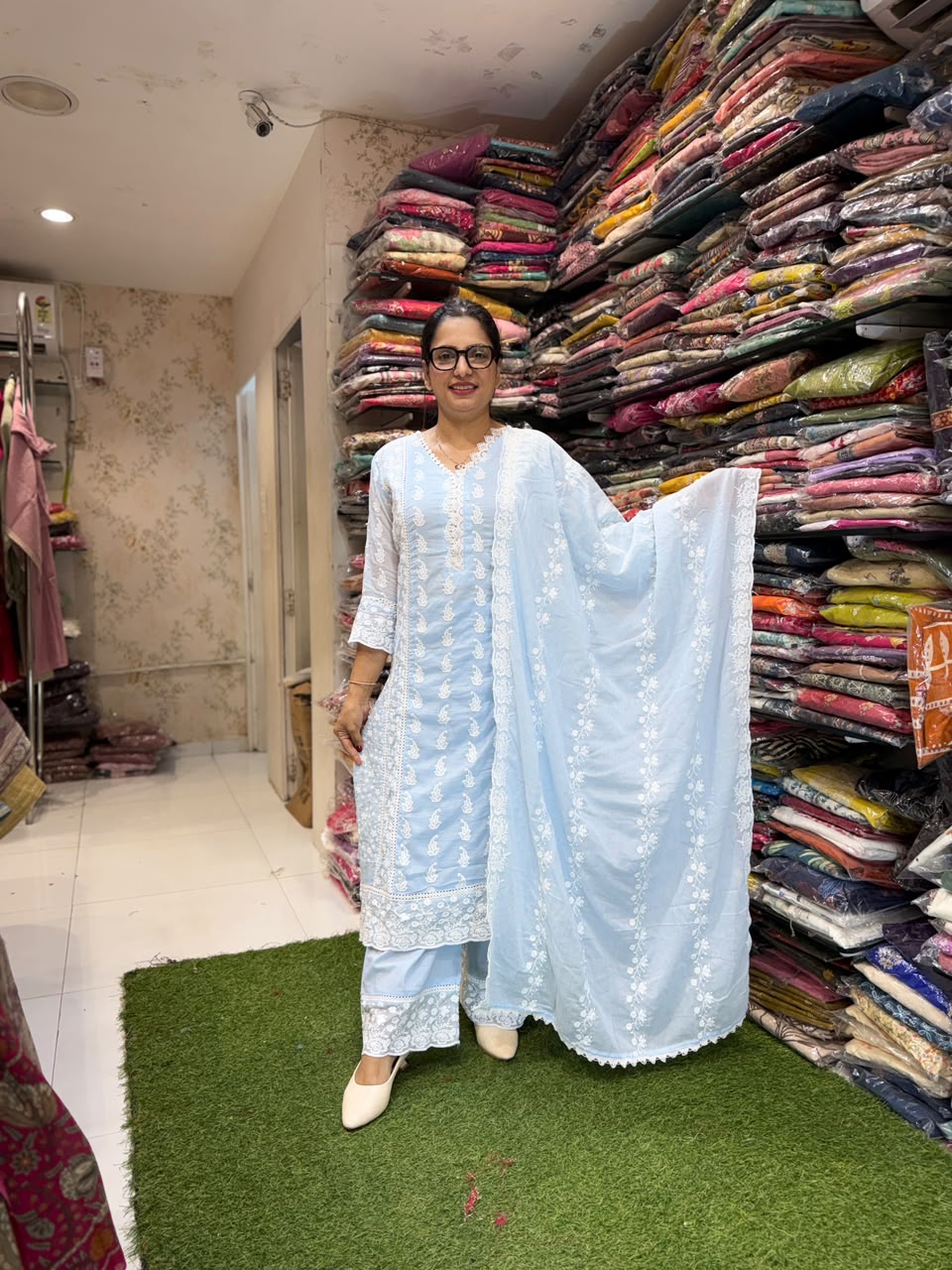 Pure Mull Cotton with lucknowi work Sky color