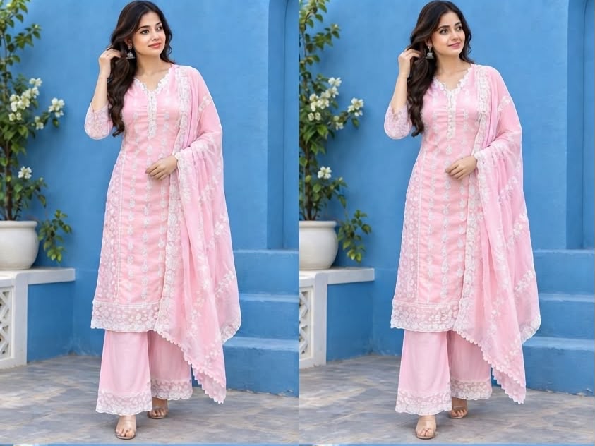 Pure Mull Cotton with lucknowi work pink color