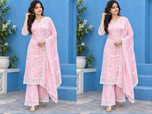 Pure Mull Cotton with lucknowi work pink color