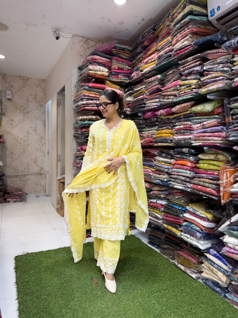 Pure Mull Cotton with lucknowi work Yellow color