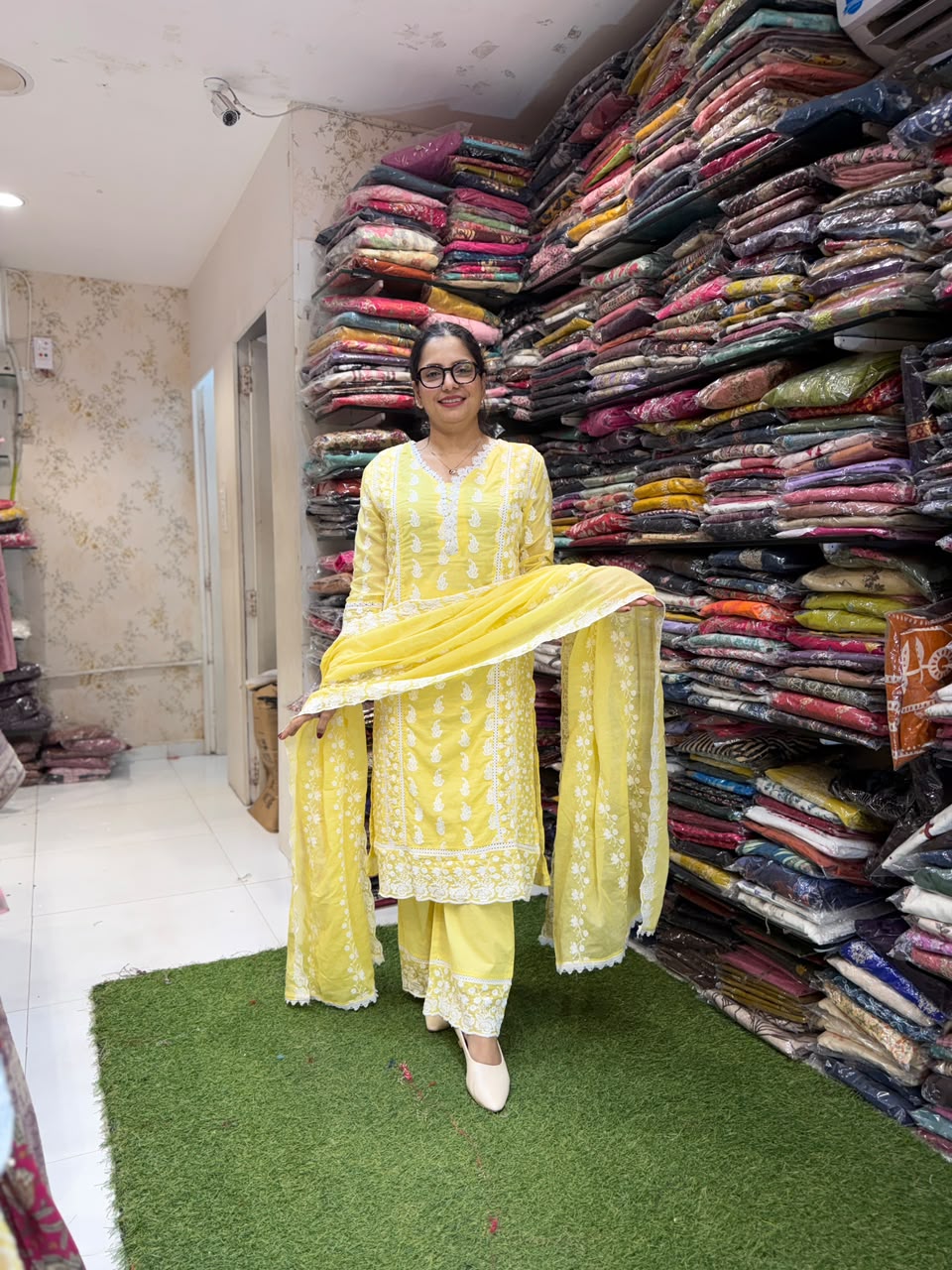 Pure Mull Cotton with lucknowi work Yellow color