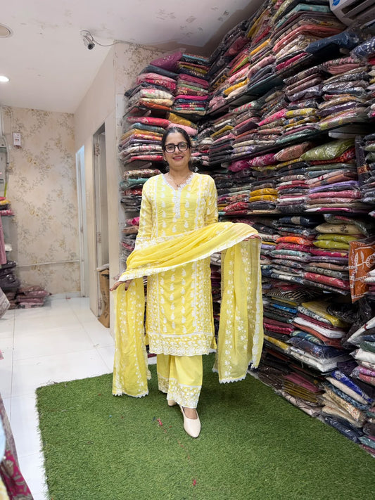 Pure Mull Cotton with lucknowi work Yellow color