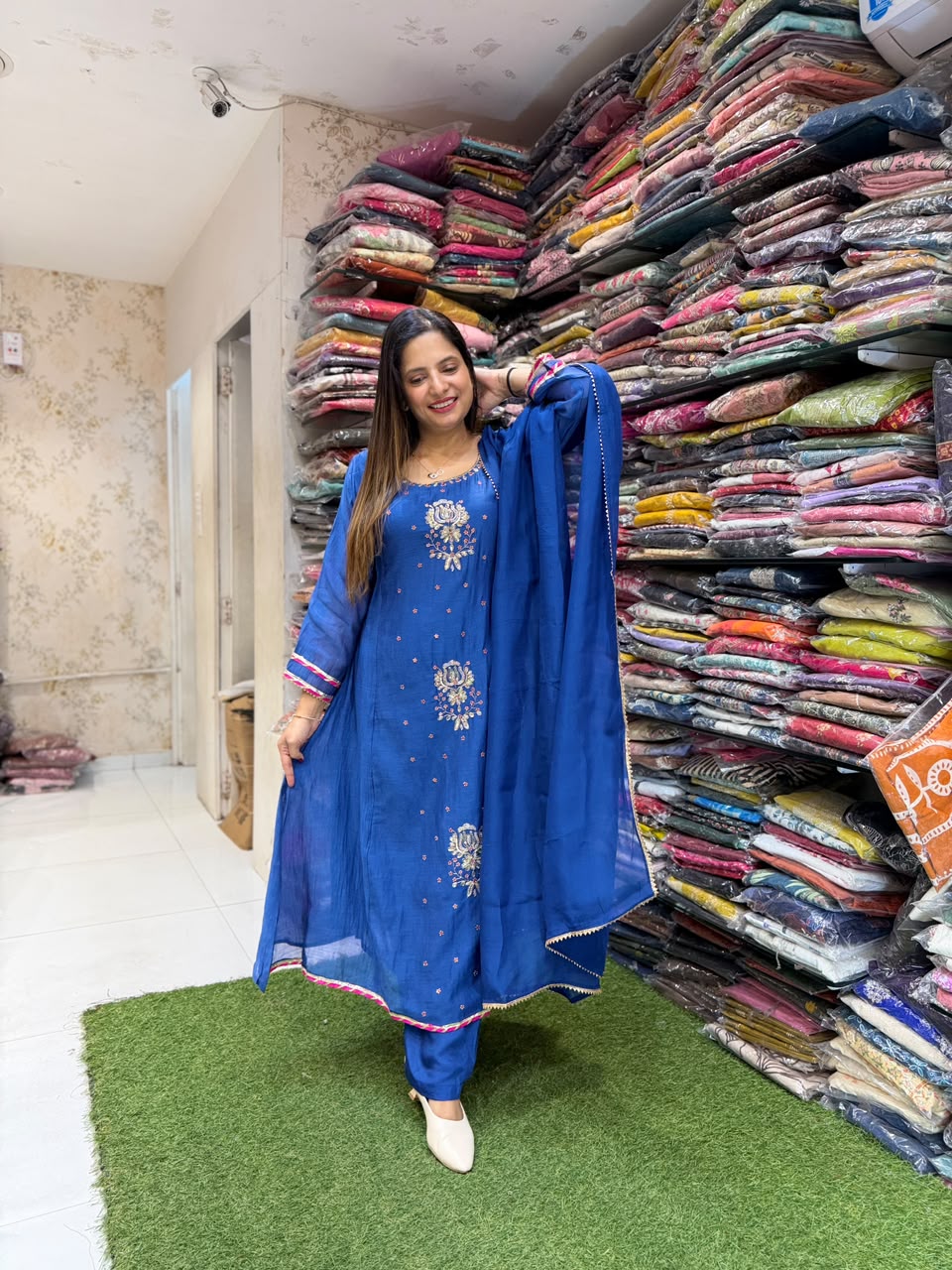 Pure Banaras Mull Chanderi Blue 3pc Set