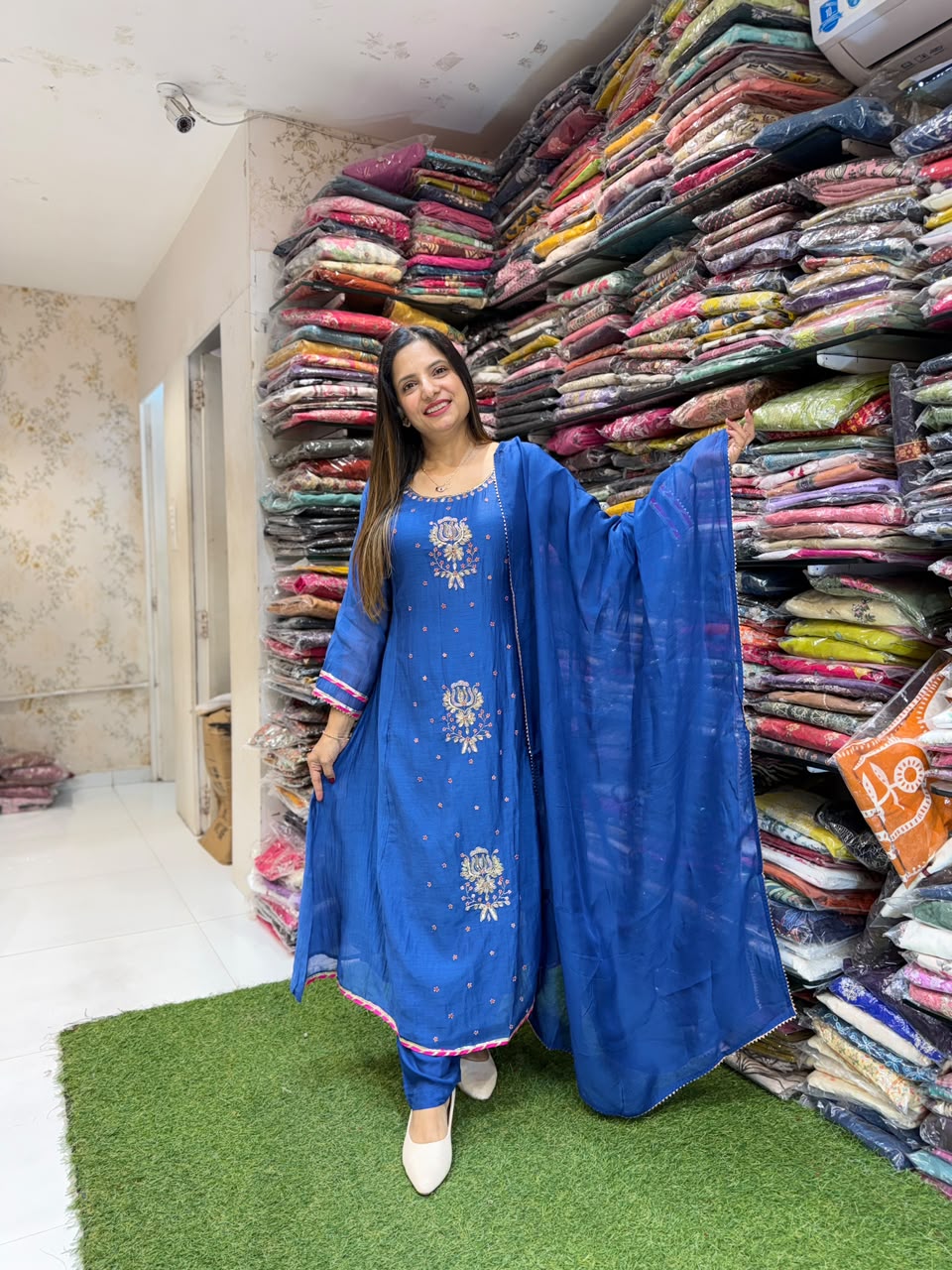 Pure Banaras Mull Chanderi Blue 3pc Set