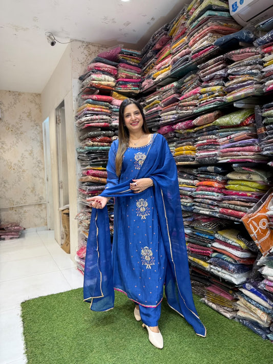 Pure Banaras Mull Chanderi Blue 3pc Set