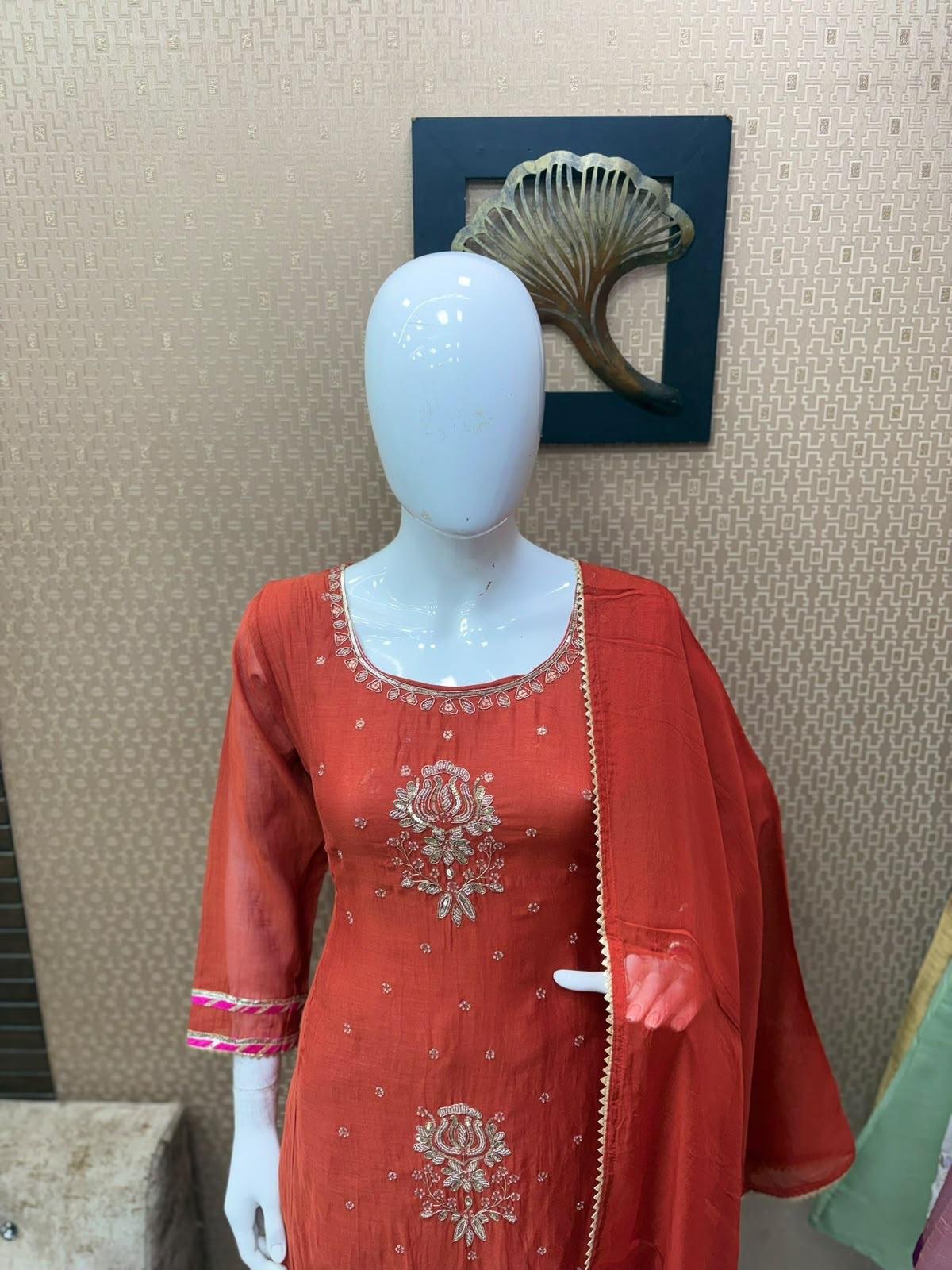 Pure Banaras Mull Chanderi Rust Orange 3pc Set