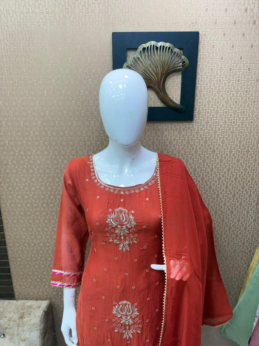 Pure Banaras Mull Chanderi Rust Orange 3pc Set