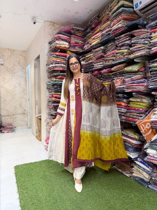 Viscose Mull chanderi Dusky Off White And Maroon 3pc Set