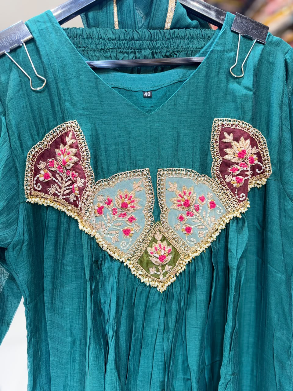 Pure Banaras Mull Chanderi Rama Green 3pc Set