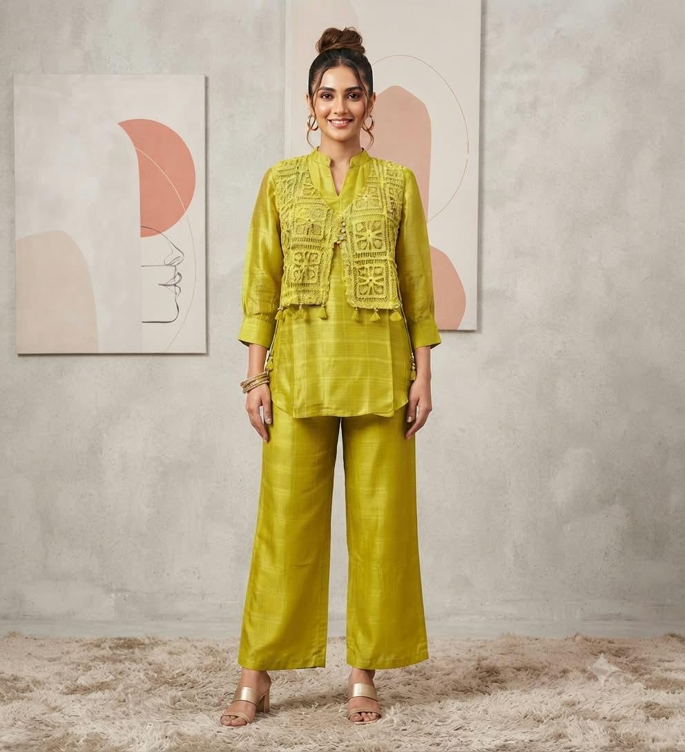 Pure Mull Kota Doria Mustard green 2pc Set