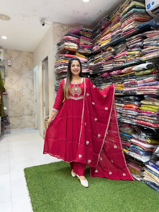 Pure Surat Mull Chanderi Red 3pc Set