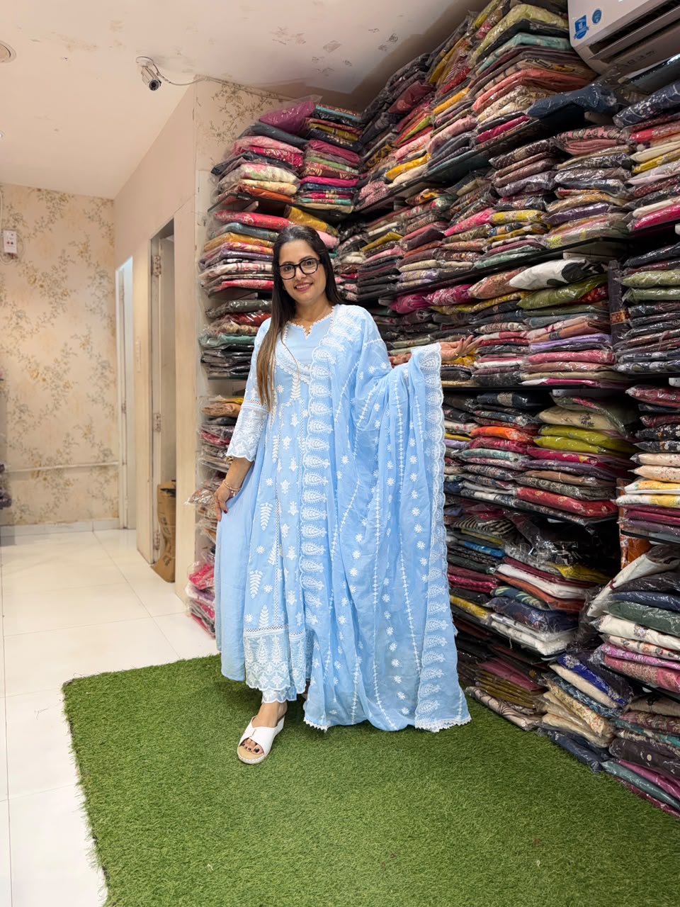 Pure Mull cotton Anarkali with lucknowi work Sky color