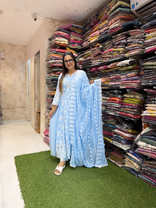 Pure Mull cotton Anarkali with lucknowi work Sky color