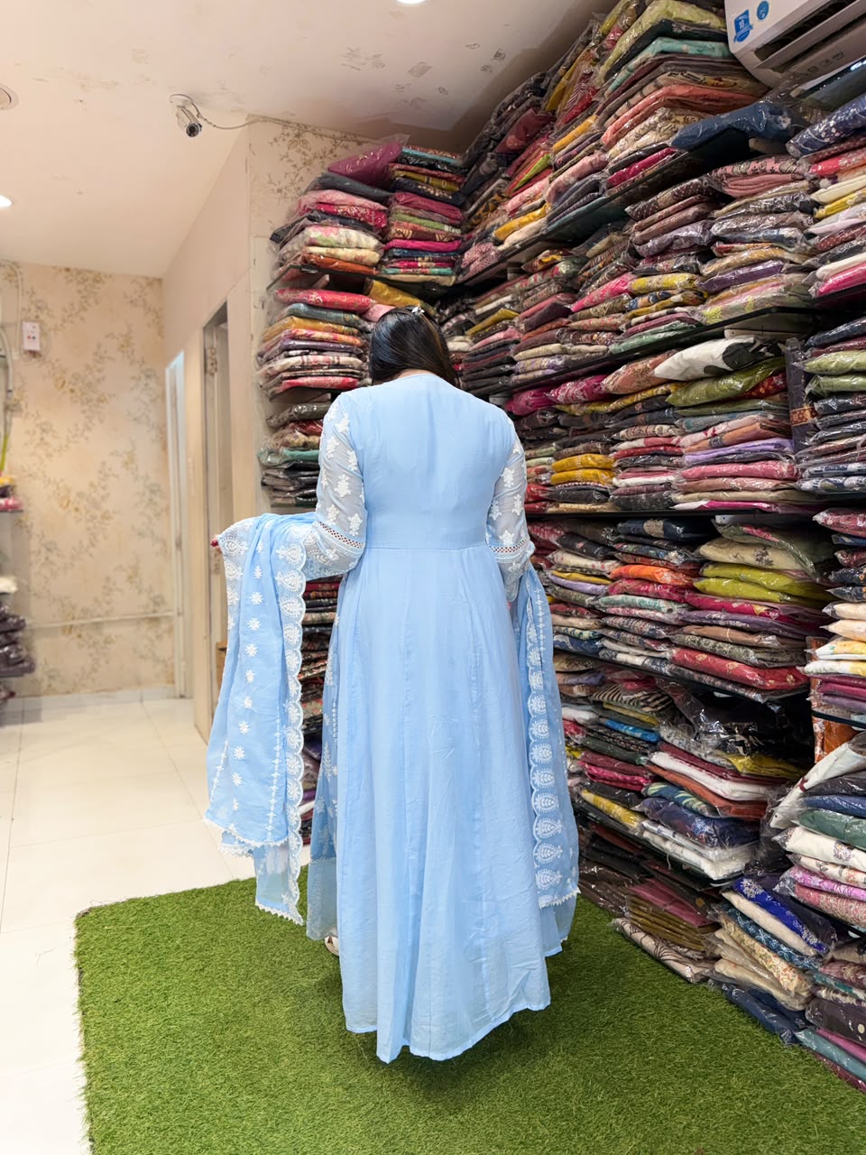 Pure Mull cotton Anarkali with lucknowi work Sky color