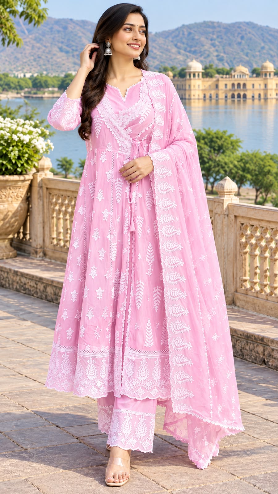 Pure Mull cotton Anarkali with lucknowi work Baby Pink color