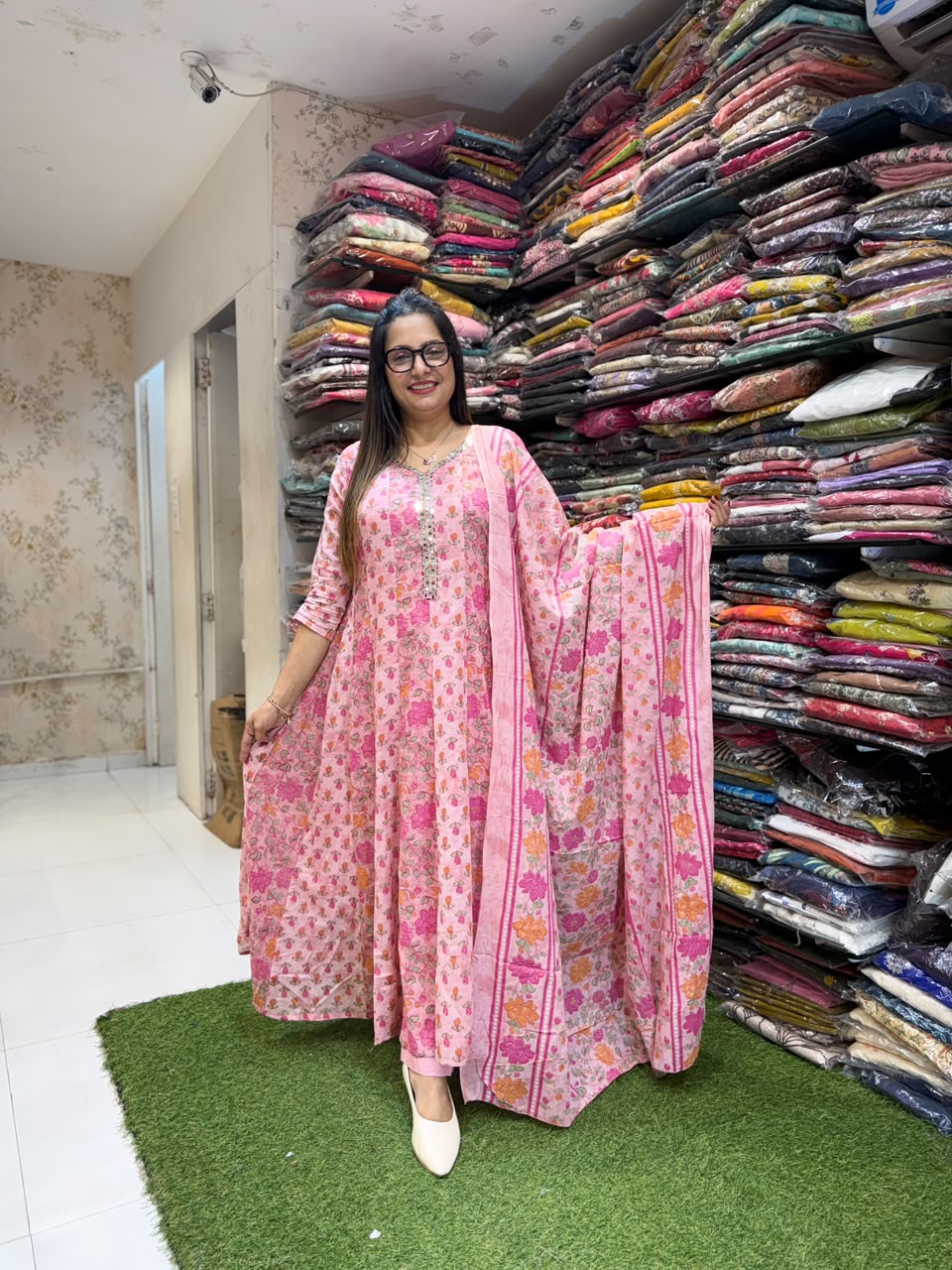 Pure Mull Cotton Shoulder Anarkali Pink 3pc Set