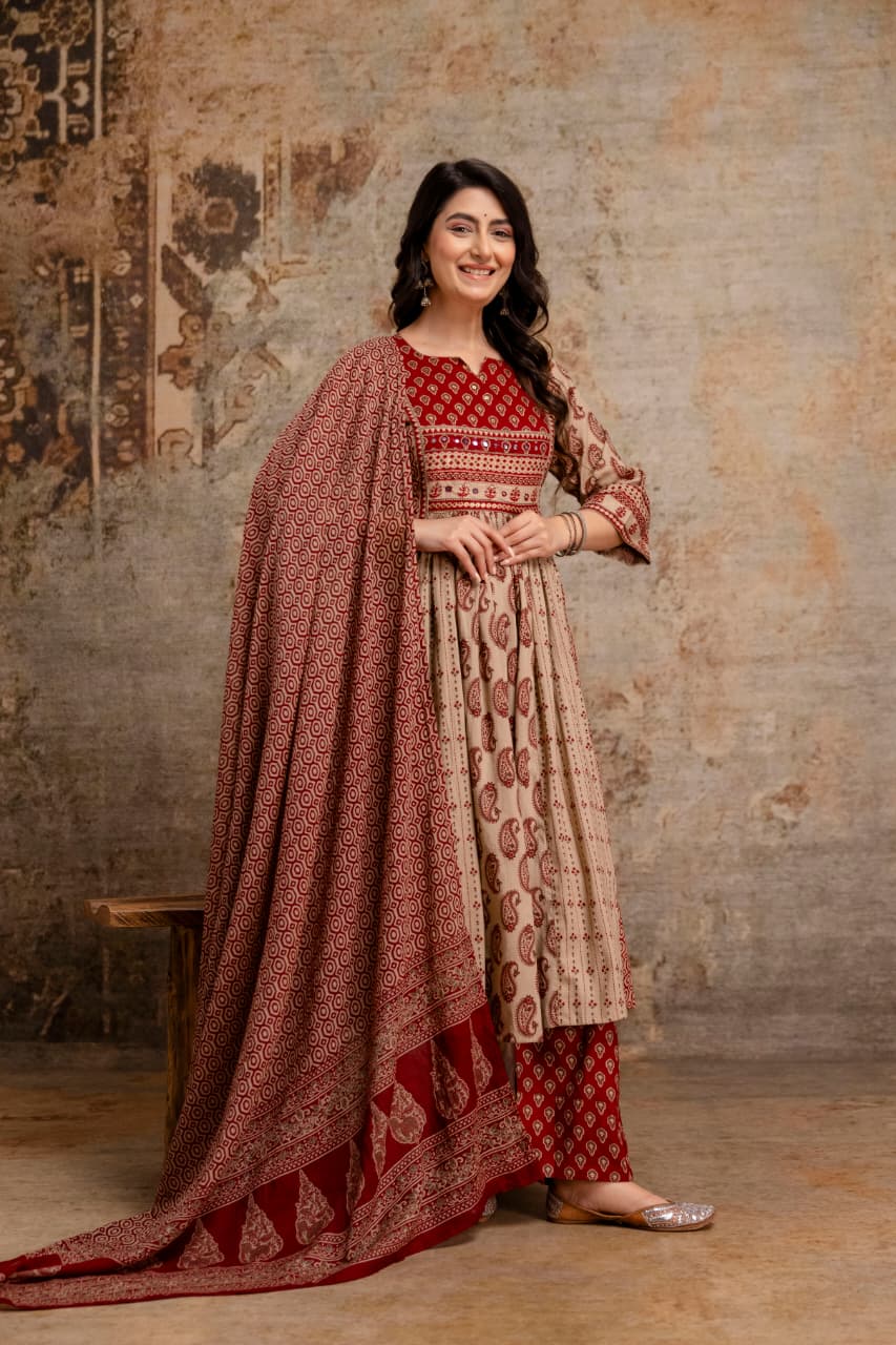 Pre Booking Pure Cotton Anarkali Beige And Maroon 3pc Set 18 october