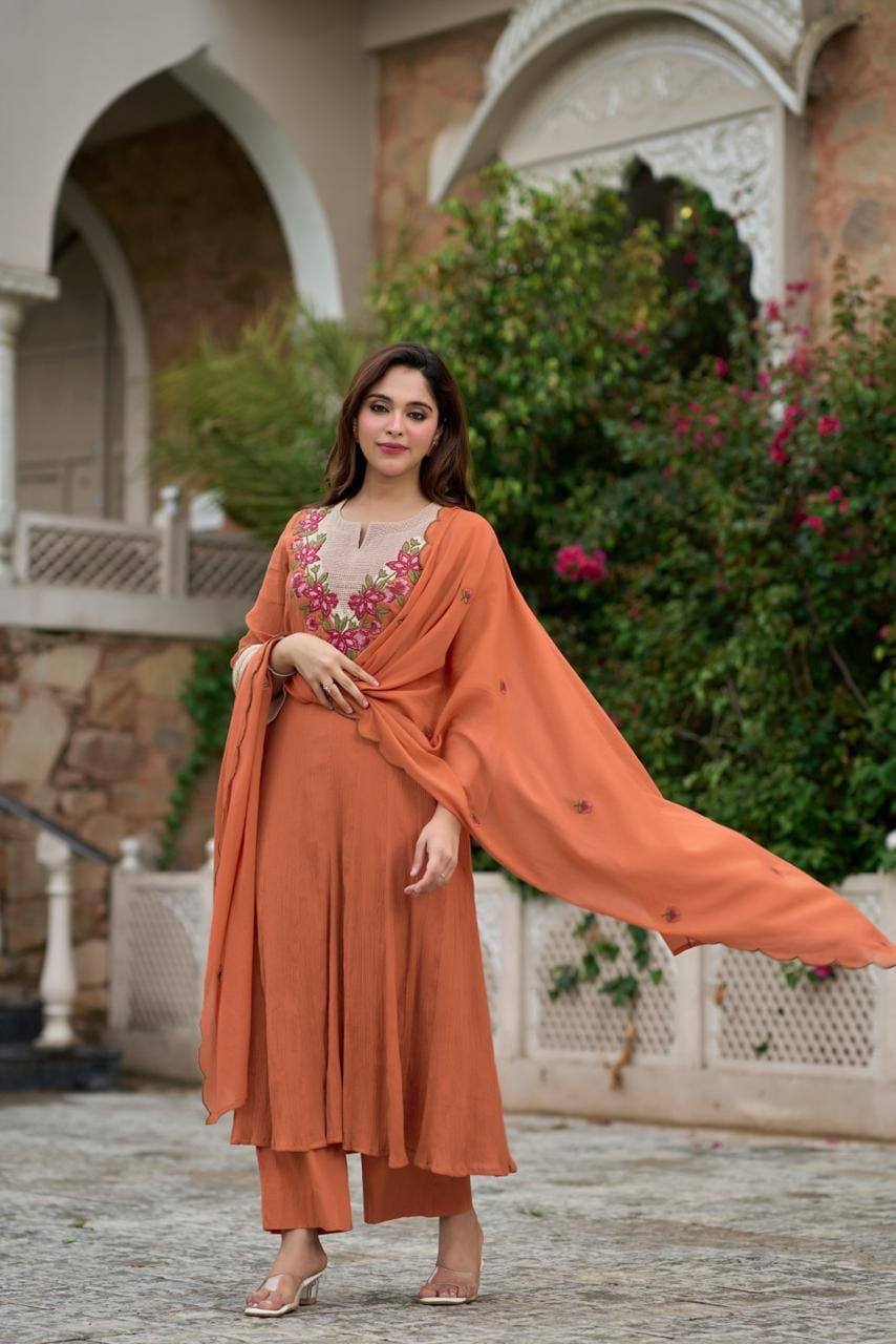 Pure Crush Cotton Anarkali Orange 3pc Set