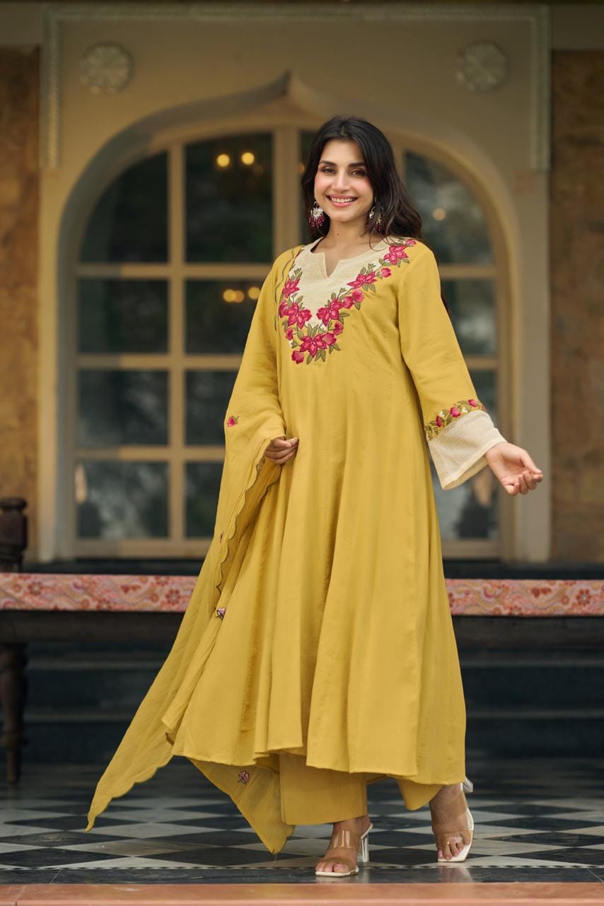 Pure Crush Cotton Anarkali Yellow 3pc Set
