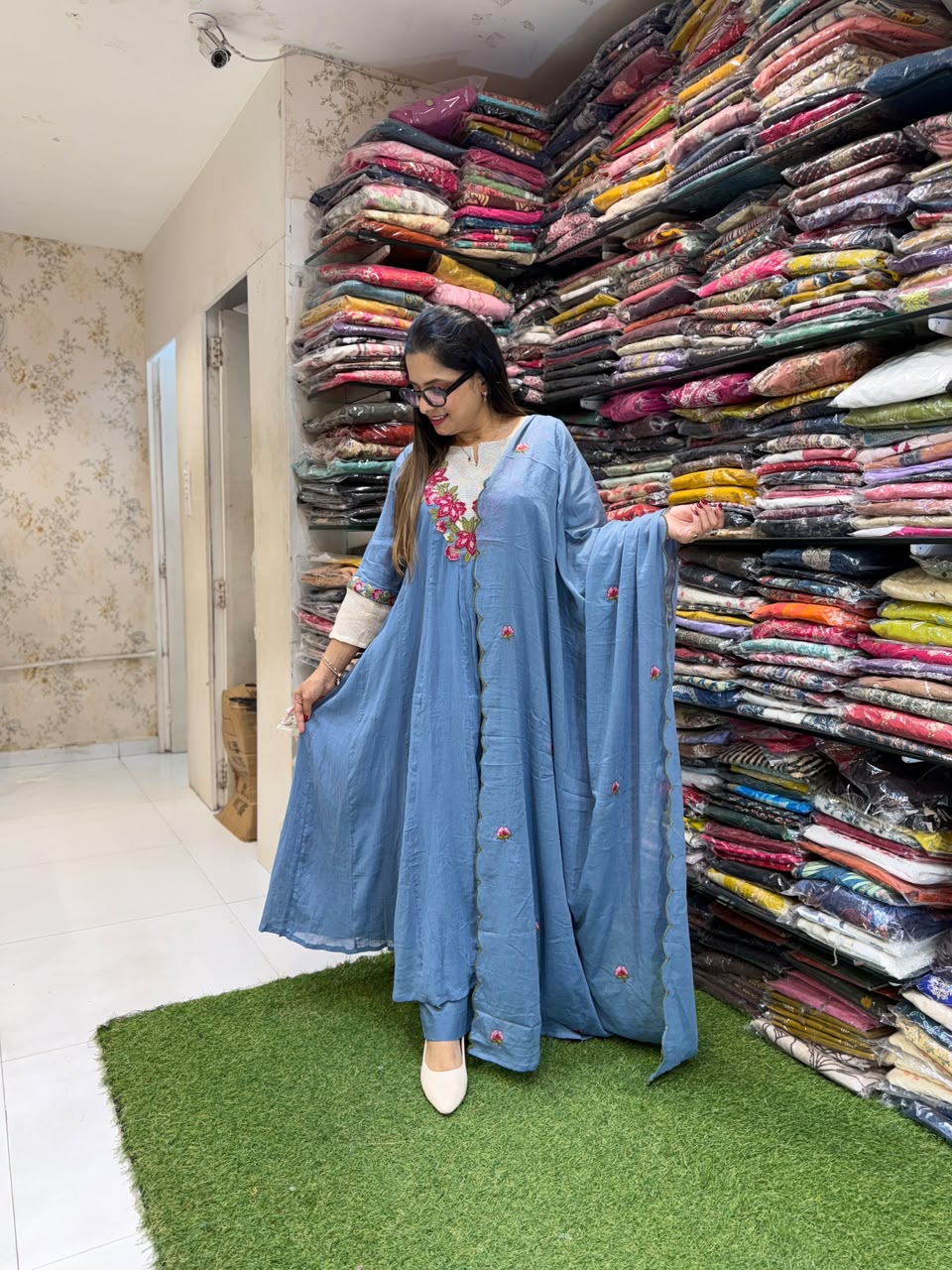 Pure Crush Cotton Anarkali Sky Blue 3pc Set