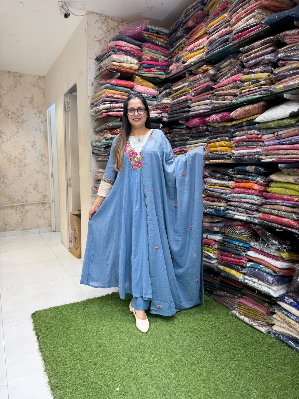 Pure Crush Cotton Anarkali Sky Blue 3pc Set