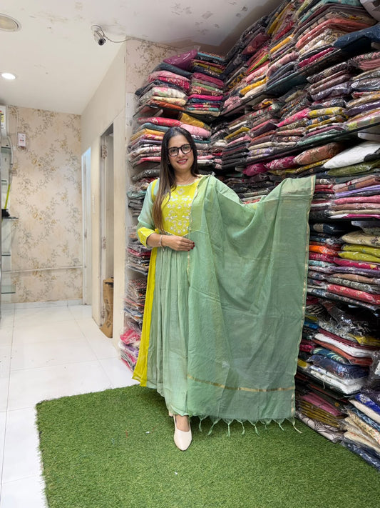 Pure Banaras Mull Chanderi Elichi Green 3pc Set