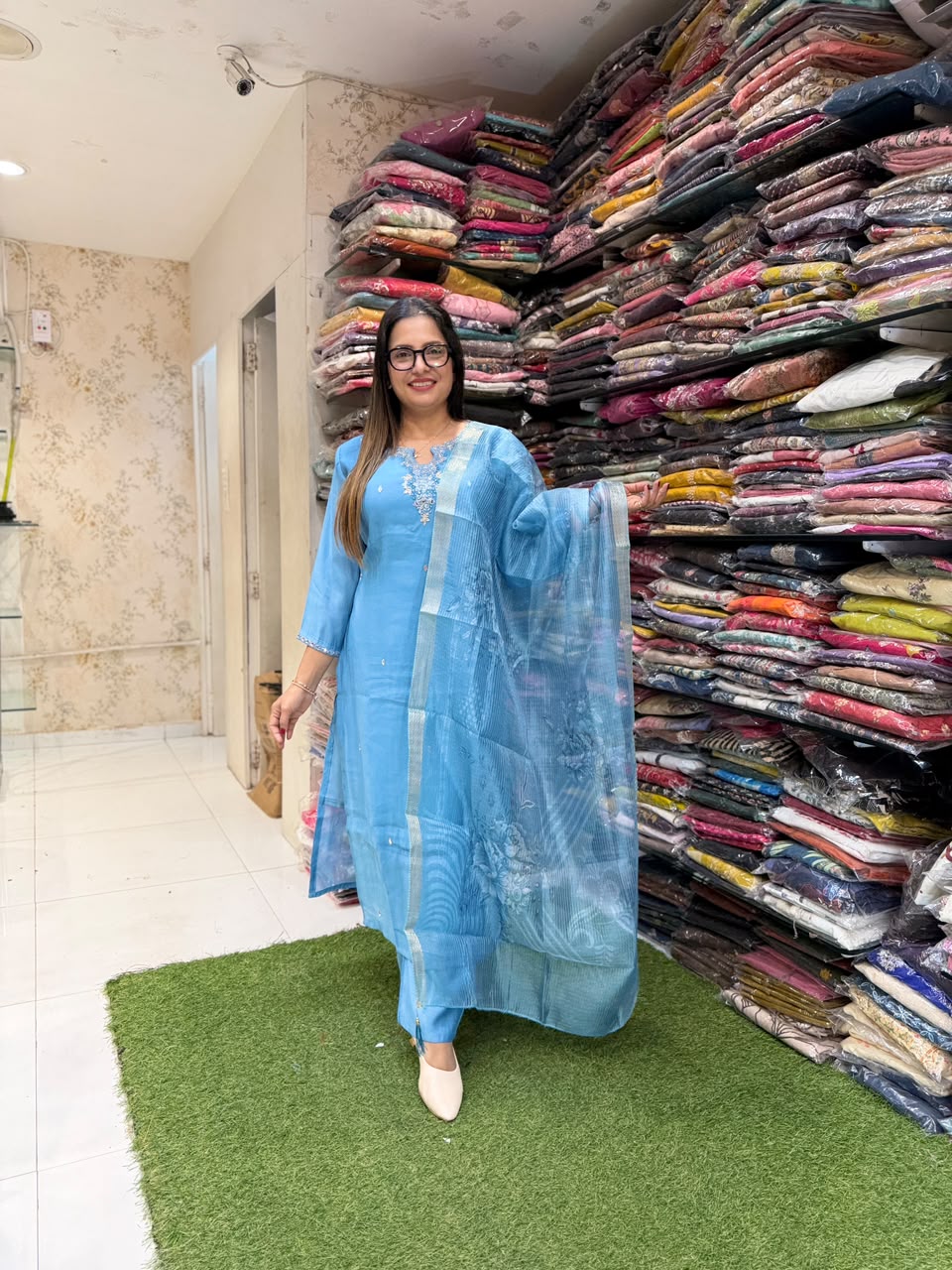 Mull Chanderi Sky Blue 3pc Set
