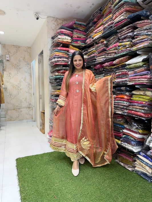 Pure Leather Tissue Blush Pink Anarkali 3pc Set