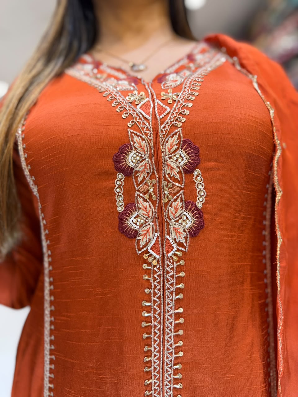 Pure Dola Silk Anarkali Rust Orange 3pc Set