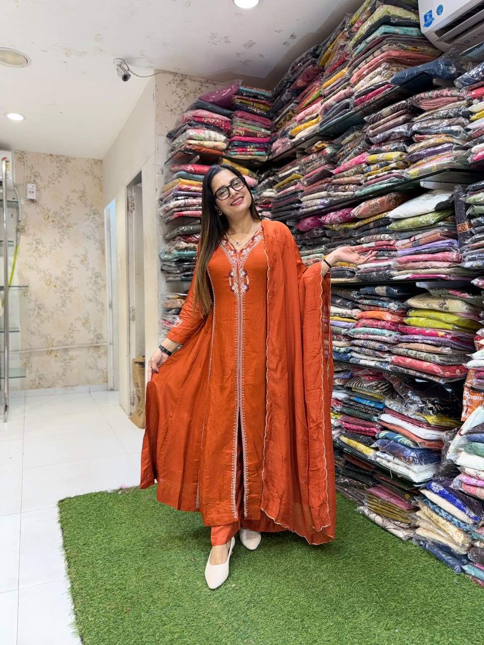 Pure Dola Silk Anarkali Rust Orange 3pc Set