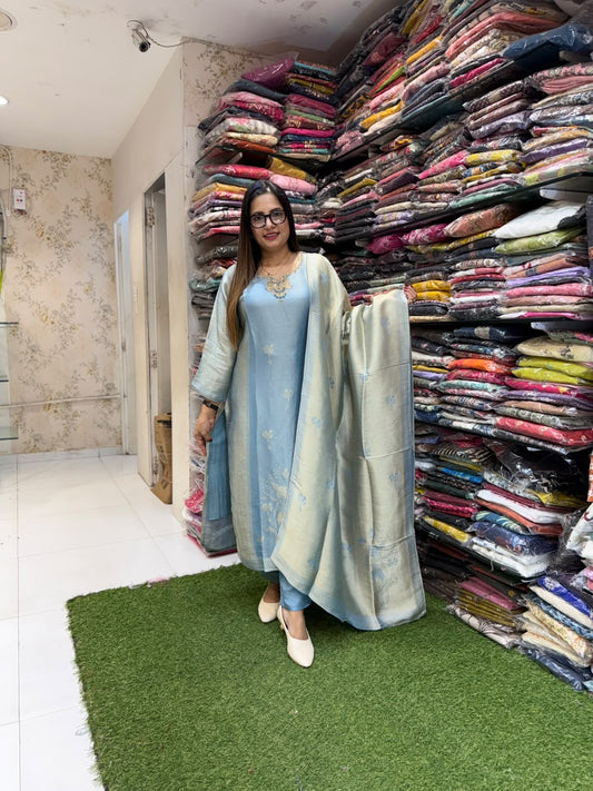 Pure Zeeraf Banarsi Silk Blue 3pc Set