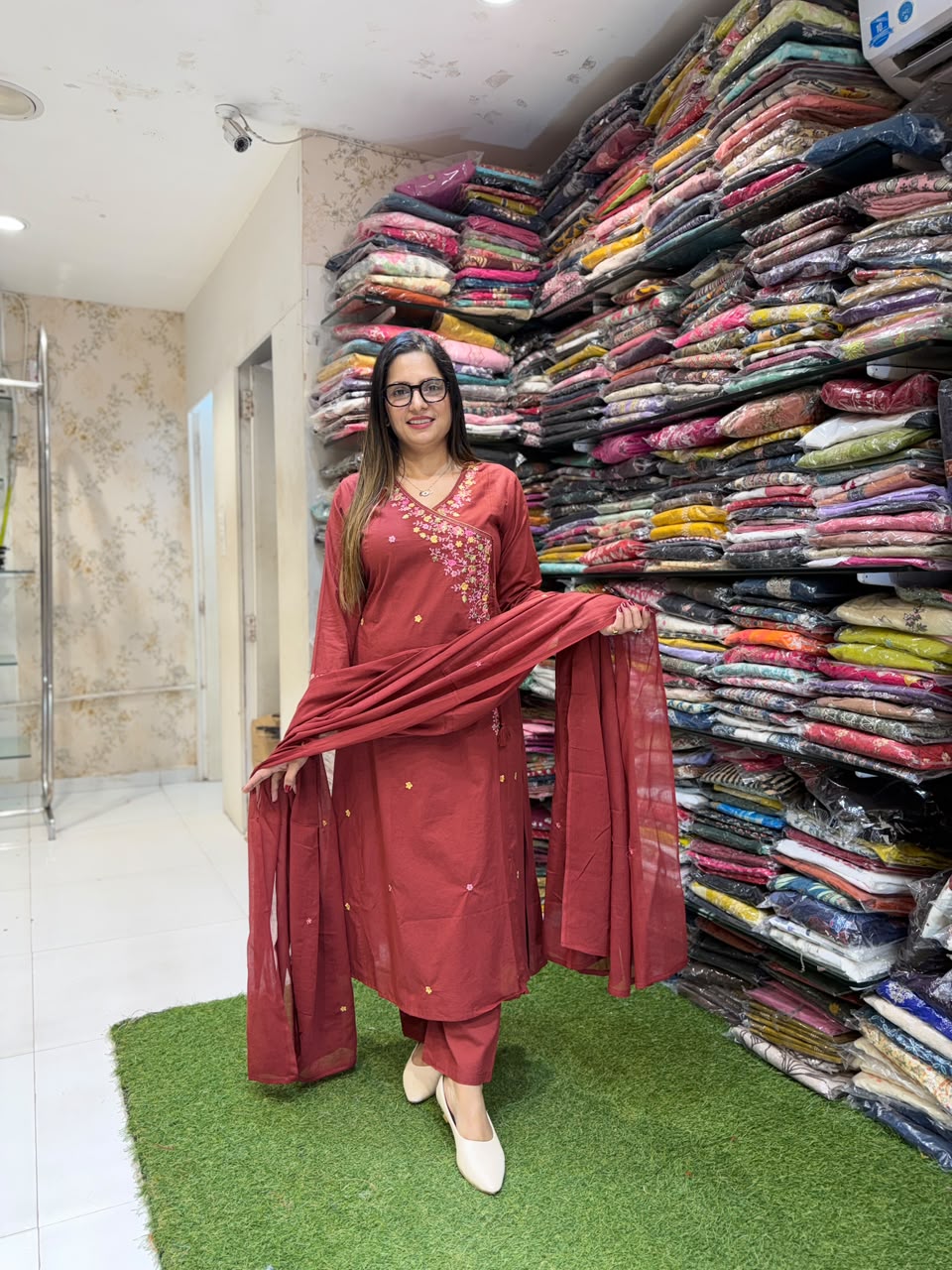 Pure Cotton Maroon Angarkha 3pc Set