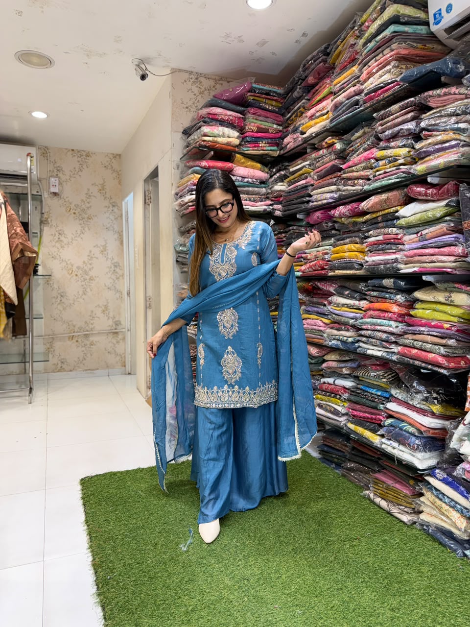 Pure Banarasi Mull Chanderi Blue 3pc Set