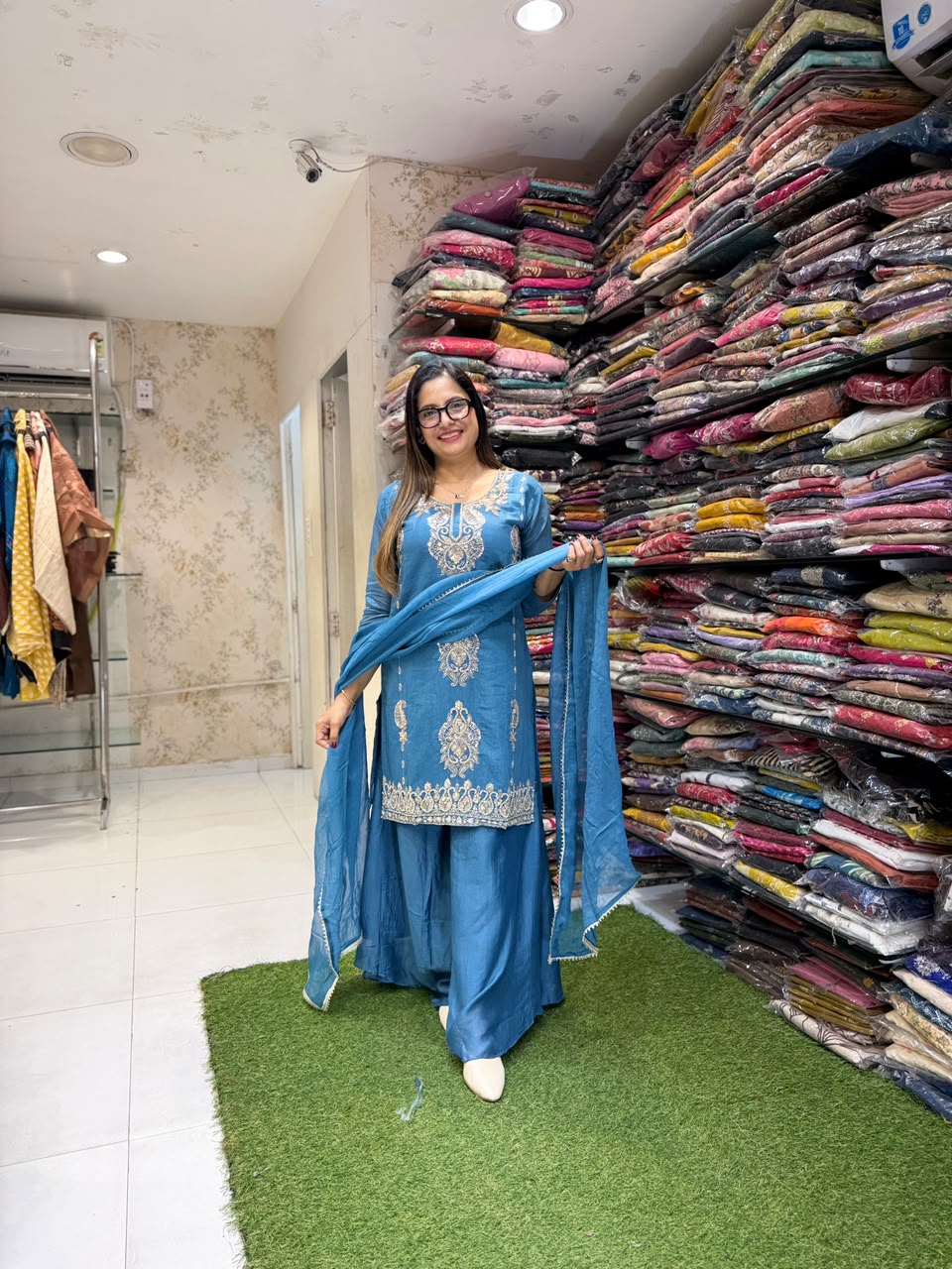 Pure Banarasi Mull Chanderi Blue 3pc Set