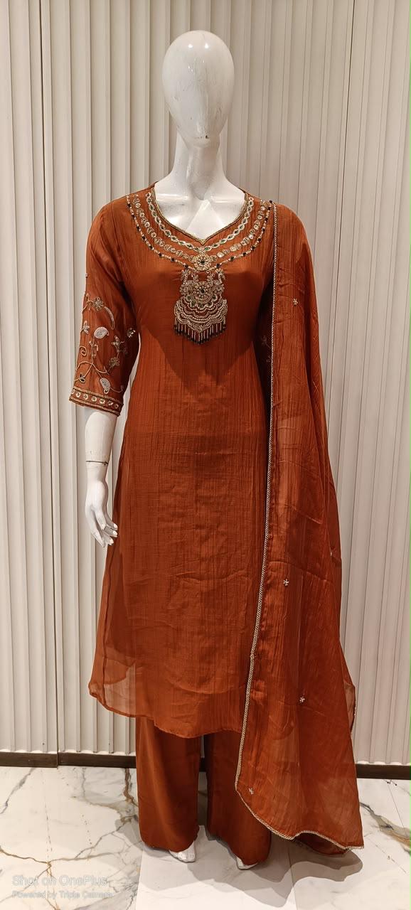 Pure Banaras Mull Chanderi Orange 3pc Set